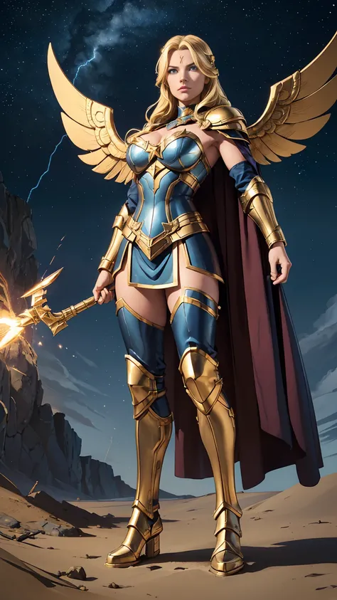 ((Full-length photo, standing, feet on the ground)) blonde haired norse goddess wearing a helmet, dark blue armor with gold trim, armored Gauntlet. cape with star-field. Cleavage. She has a stern expression. Winged helmet. Posed with arm raised Shooting li...