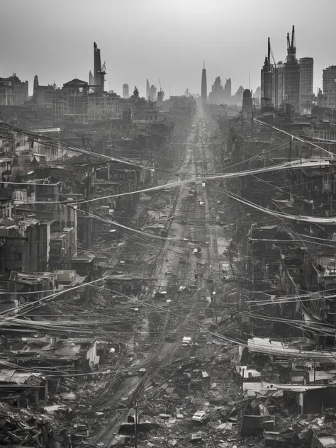 image from the height of 100 meters of a wide and curved goldengate style bridge crossing the city made of gray concrete in ruin...