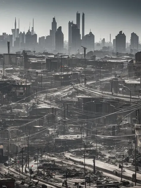 image from the height of 100 meters of a wide and curved goldengate style bridge crossing the city made of gray concrete in ruin...