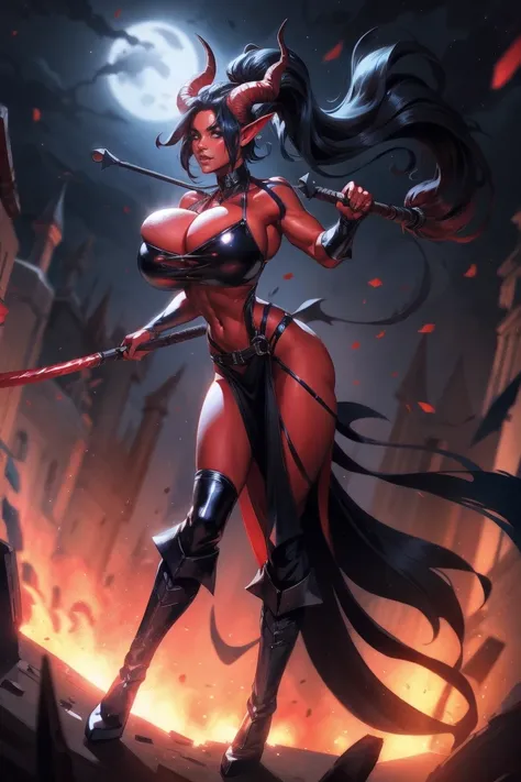 Busty Red skin succubus tiefling, large breasts, black horns, wings, huge tail, black leather, crop top, long flowing pelvic curtain, tall, toned, graceful, thin, long black ponytail. Action scene, whip. Dark scene, explosions, night sky.