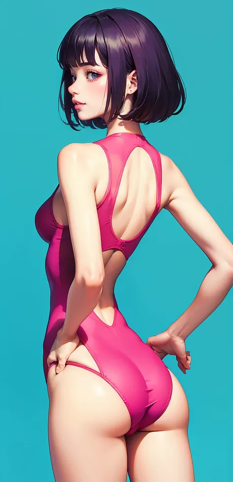 (masterpiece, Highest quality), perfect slim figure, high leg swimsuit, fluorescent color background, short hair, upper body, cameltoe, from back,