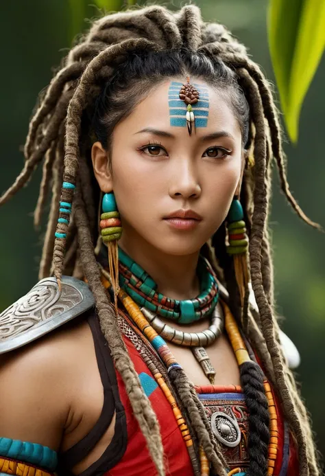 "(best qualityer,ultra detali),asian skin, asian female:1.1,beautiful detailed eyes,beautiful detailed lips,dreadlocks brancos,thick,tribal warrior outfit,doesnt look very strong,confident stance,exotic background,sharp focus,bright coloured