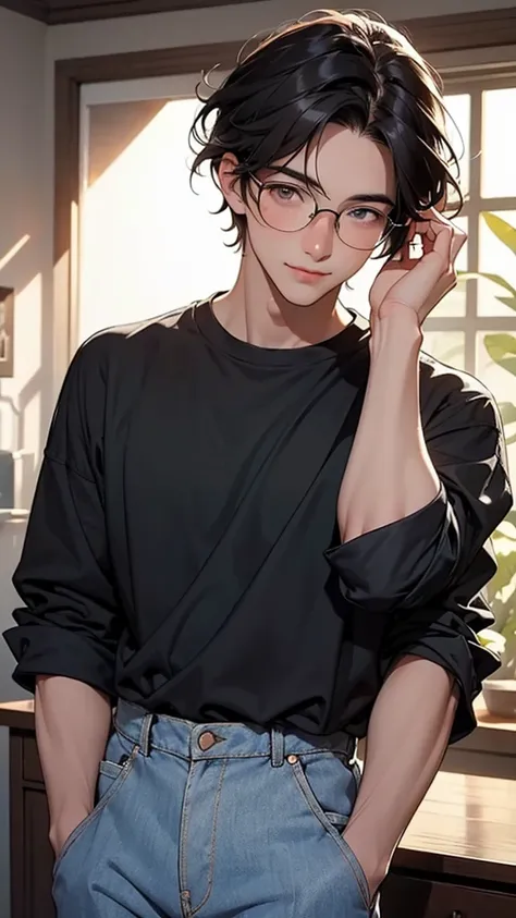 Depict a scene of a kind-looking handsome man in his 20s, blushing. He is wearing black-rimmed glasses, which are slipping down his nose, but he doesnt mind as he covers his face with one hand. His hair is dark brown and has a soft texture. He is dressed i...