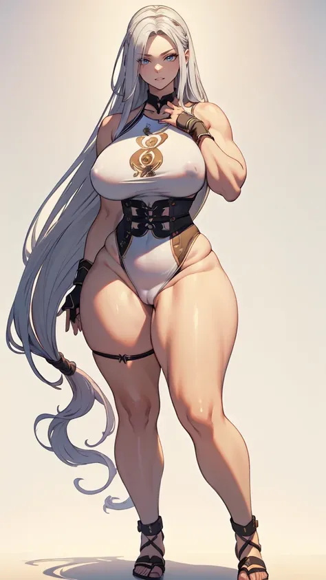 (masterpiece), best quality, female warrior, huge girl, female muscular:1.2, ((long hair:1.6)), (silver hair), big breast, (curvy:1.7), (((blank background))), ((full body)), fingerless gloves, sandals, sleeveless, covered nipples, tshirt top, ((straight h...