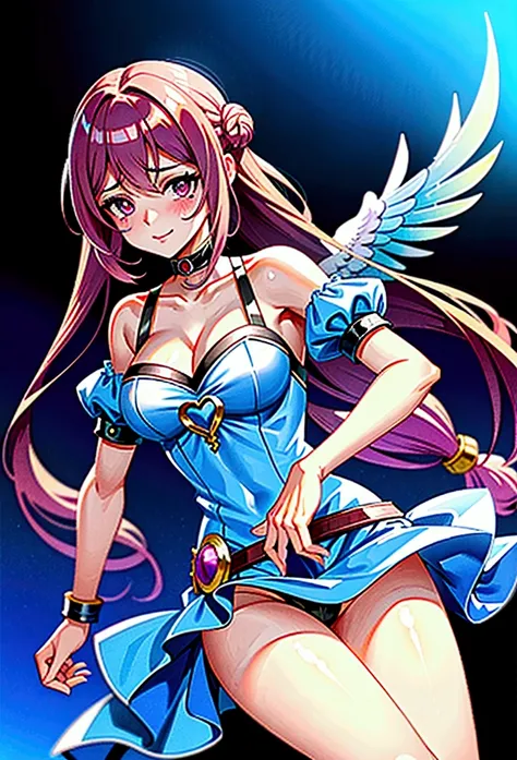 anime girl with purple hair with rosé braid and beauty mark under her left eye and angel wings in a blue sky, anime stylized, as a mystical valkyrie, background is heavenly, epic anime style, anime character, angel knight girl, , in anime style, in an anim...