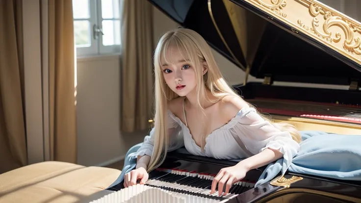 playing piano.silky shiny skin、22 year old cute sexy little beautiful face、Hair glows in front of a cute face、long silky bangs covering the eyes、pale light blue eyes、Young woman super long blonde shiny golden bright straight hair、with round face、Small face...