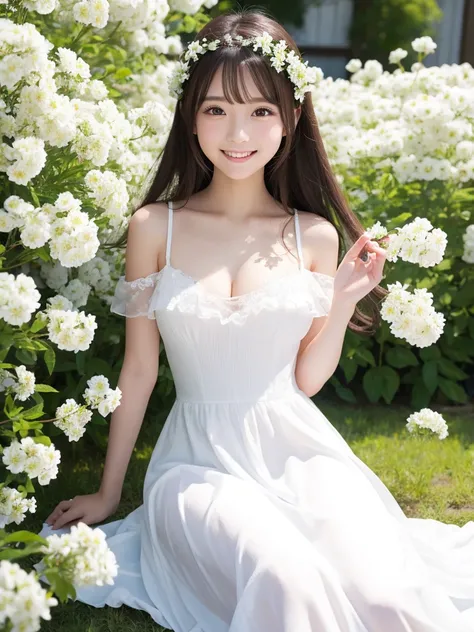 High resolution、Surrounded by white flowers、Japanese Girl、beautiful、Beauty、cute、Big eyes、long hair、The breasts are very large、White Dress、smile、