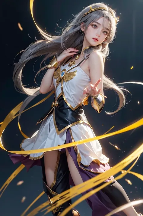 Portraiture, Long Hair, Gray Hair, Golden Eyes,  One girl, head, face, Magical girl, Absurd, masterpiece, Highest quality, Magical girl costume, ((Magical girl)), short hair, Devastation, Remains, Dynamic pose, Apocalypse, Spell casting, Style-Glass, Full ...