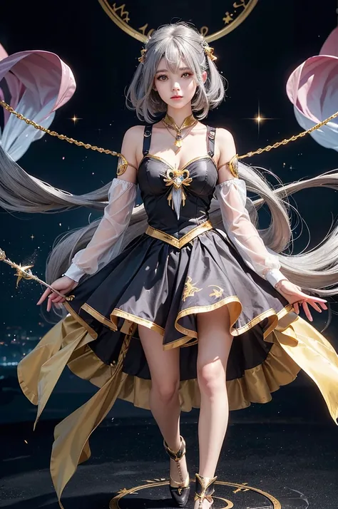 Portraiture, Long Hair, Gray Hair, Golden Eyes,  One girl, head, face, Magical girl, Absurd, masterpiece, Highest quality, Magical girl costume, ((Magical girl)), short hair, Devastation, Remains, Dynamic pose, Apocalypse, Spell casting, Style-Glass, Full ...