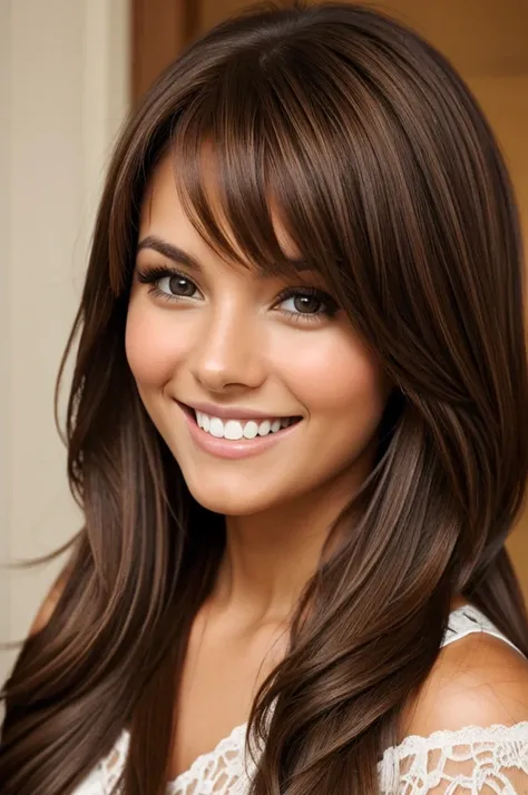 Long Chocolate Brown Layers hairstyle on smiling young woman with brown hair. Young woman should be attractive 