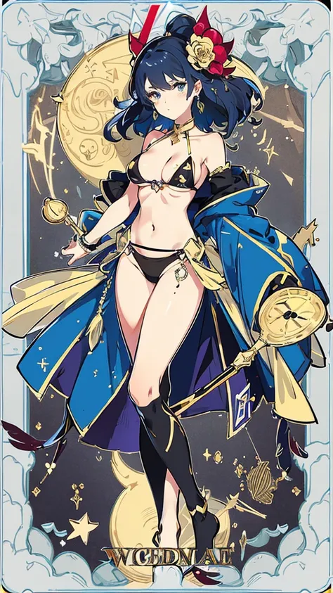 tarot cards,Hands together,Vulcan salute,attention, There is a halo behind the head,finely_detailed, perfect_Body, perfect_Eye, perfect_Face, perfect_finger,Yu-Gi-Oh card game style、(((Voluminous breasts 1.8)))、(((micro bikini 1.4)))、(Saggy breasts 1.4)、(C...