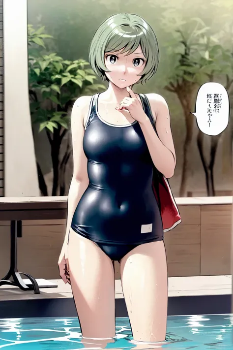 Blue school swimsuit、(masterpiece、Highest quality)、Highest quality, Ultra-high resolution, (((masterpiece))), alone, Sweat、Big eyes, Composition from the front、Shortcuts、Embarrassed face、blonde、Cut your hair short、School swimming pool、short hair、Pussy Line...