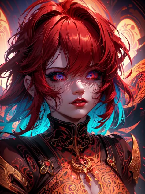 Red hair color,(masterpiece, best quality),(1 lady),(solo),(artstation),(dynamic),(charming),(magical),(unreal engine),(fantastically beautiful),(illustration),(dramatic lighting),(rave background),(neon glow),(maximalist),(extremely detailed eyes and face...