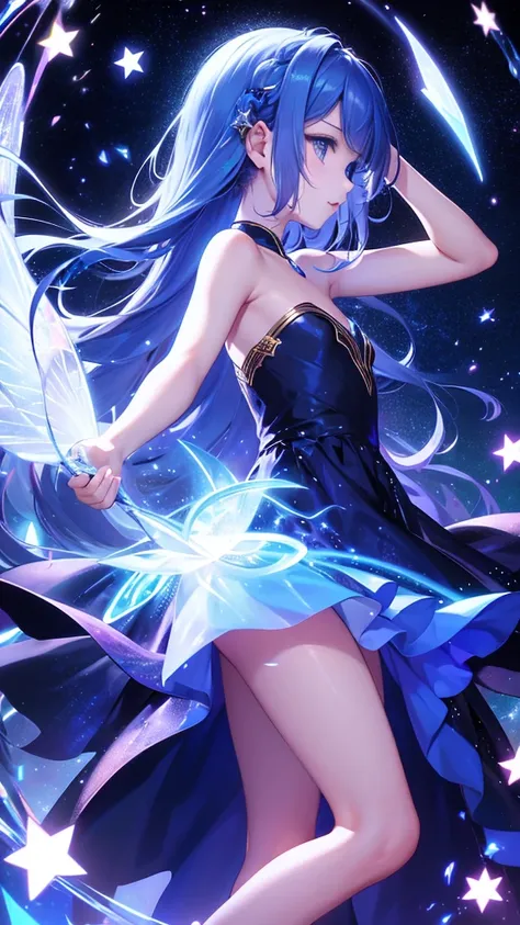 starの妖精、cute、Fairy Wings、Highest quality、Masterpiece、Official Art、The best dynamic composition、star、universe、流star群、xcdd, One girl, alone, dress, water遊び, star (symbol), Long Hair, Skirt Hold, water, white dress, Bare shoulders, null, night, Shine, blue ey...