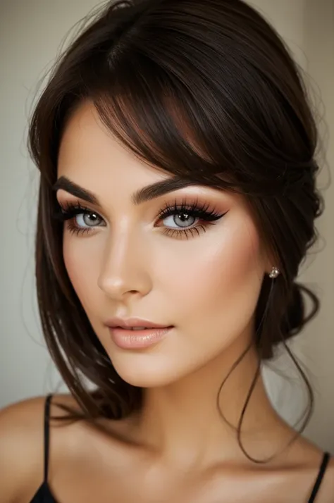 Beautiful and brunette woman putting false eyelashes