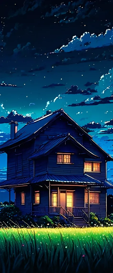 a painting of a house in the middle of a field under a night sky, animated background, animated background art, Beautiful anime scene, makoto shinkai cyril rolando, amazing wallpaper, anime art wallpaper 4k, anime art wallpaper 4k, anime art wallpaper 8K, ...