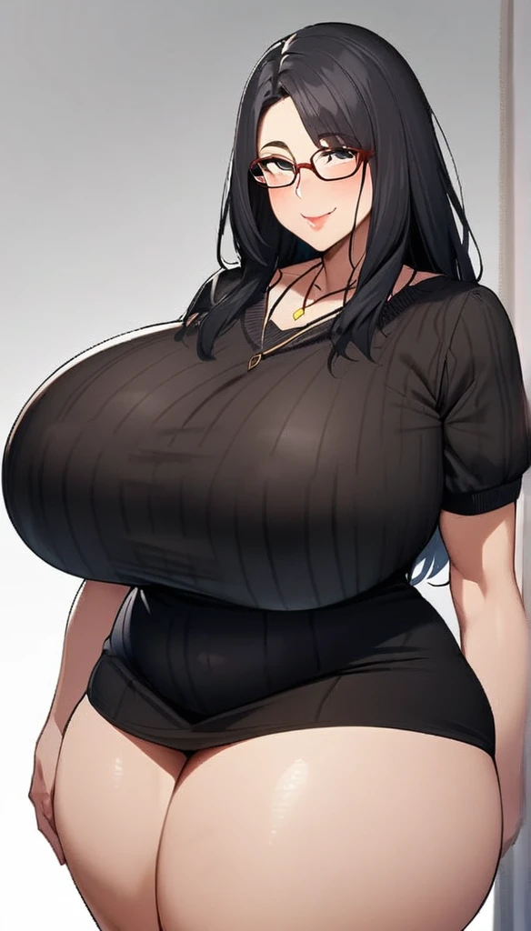 1girl,solo,Mature Woman,Black Hair,long hair,Glasses,mother,gentle,kind face,Super huge breasts,Flabby thighs,Black knit with vertical lines accentuating the lines of the body,necklace,standing up,Looking at this,Inclusive,White background,