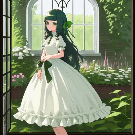 (masterpiece, Highest quality),One girl,(skinny:1.2),Outdoor,garden, window, Long Hair, Blunt bangs, Green and White dress,Hair Ribbon,Frill dress
