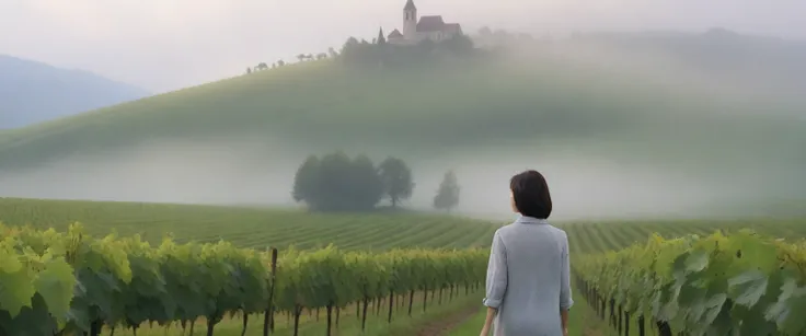 Woman in a beautiful landscape 8K highest quality, Beautiful 36-year-old Korean woman, Chest size 34 inches, Passing through the vineyards in the Swiss countryside, the cathedral is visible through the early morning fog., The back background is realistic a...