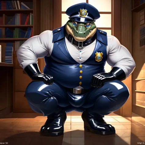 Solo, Male, fat, squatting, extremely obese, gentleman, dapper Crocodile, blue eyes, (soft shading), 4k, hi res, ((detailed face, detailed)), looking at viewer, evil grin, police station, collared shirt with buttons, hat, male focus, Police Uniform, glasse...