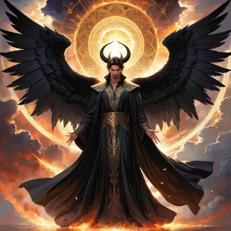 a majestic and powerful depiction of lucifer, the fallen angel. he has striking, elegant black wings and a commanding presence. ...