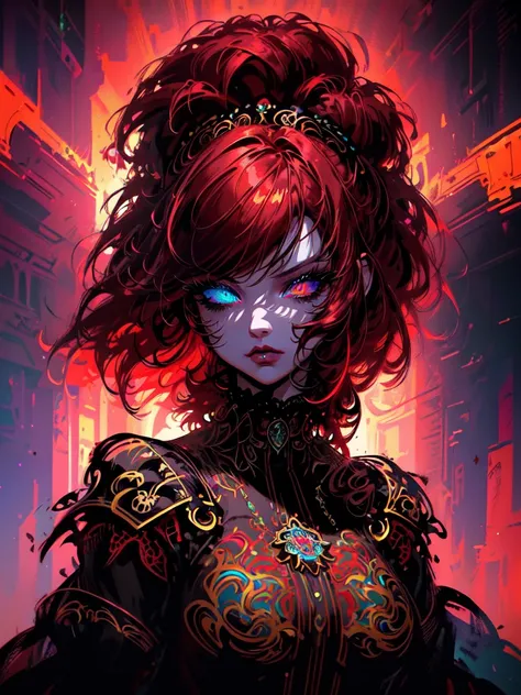 Red hair color,(masterpiece, best quality),(1 lady),(solo),(artstation),(dynamic),(charming),(magical),(unreal engine),(fantastically beautiful),(illustration),(dramatic lighting),(rave background),(neon glow),(maximalist),(extremely detailed eyes and face...