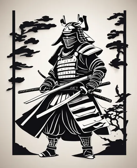 a samurai wearing traditional japanese armor is depicted in a dynamic, simple, black and white paper-cut style.