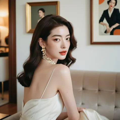 A candid photo of an eccentric artistic gorgeous young beautiful face Korean girls, still from the film, ((solo)), (Anne Hathaway look alike face: 0.9), in haute couture, posing in a white modern living room, black and brown pastel colors, Leica SL3, Summi...