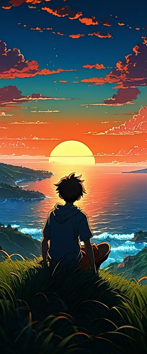 high quality, 8k ultra high definition. The image shows a boy sitting watching the anime The Scary Ocean at Sunrise from a grassy hill., with a background of vibrant blue sky and red and orange tones of the sun. anime art wallpaper 4k, anime art wallpaper ...