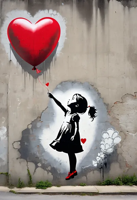 A graffiti-style image depicting a young girl in a dress reaching out for a red, heart-shaped balloon that is floating away. The background is a weathered concrete wall, and the overall tone is melancholic but hopeful, reminiscent of Banksys iconic style.
