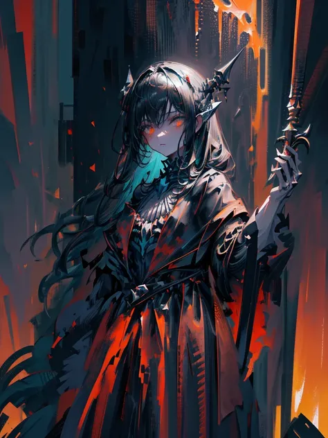 (a girl with) Aura-like gothic lighting, realistic Gothic-style artwork, detailed skeleton impaling itself with a sword in the neck, dark atmospheric background, high-res masterpiece:1.2, ultra-fine painting, professional, vivid colors