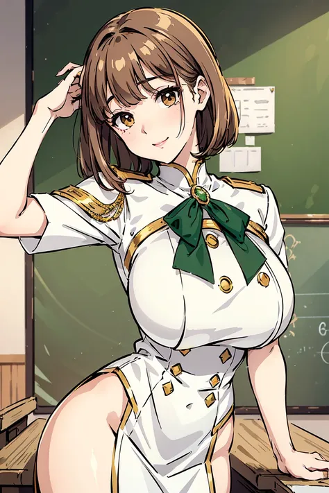 elite , green, White and gold uniform, White Skirt, White top, green Ribbon, Gold Button, Golden Shoulder Massage, Young people, 19 years, Brown Hair, Haircut with dull bangs, Brown eyes, beautiful Brown eyes, Large Breasts, Impressive body curves, Mischie...