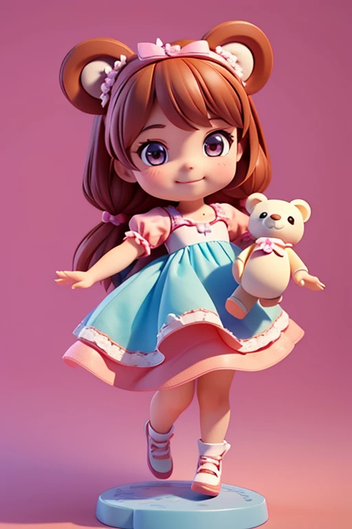 A cartoon little girl，Disney Princess Dress Up，energetic and cute，Holding a bear-shaped doll in his hand，Smile at the camera，3D Rendering，OC Rendering，C4D