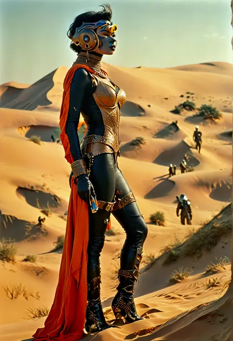 Jayne Mansfield (age 25, sci fi Dune skin suit, Dagger) standing atop a dune with a thumper nearby, 100s of tribal rebels watching her
