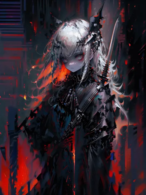 (a girl with) Aura-like gothic lighting, realistic Gothic-style artwork, detailed skeleton impaling itself with a sword in the neck, dark atmospheric background, high-res masterpiece:1.2, ultra-fine painting, professional, vivid colors