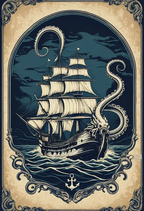 An illustration，Medieval retro style，Nautical theme，The Kraken is a sea monster that was the captain of the Flying Dutchman，Has a terrifyingly large body，Countless tentacles，Can easily destroy a huge ship。，Dark background，Retro shabby atmosphere，Caribbean ...