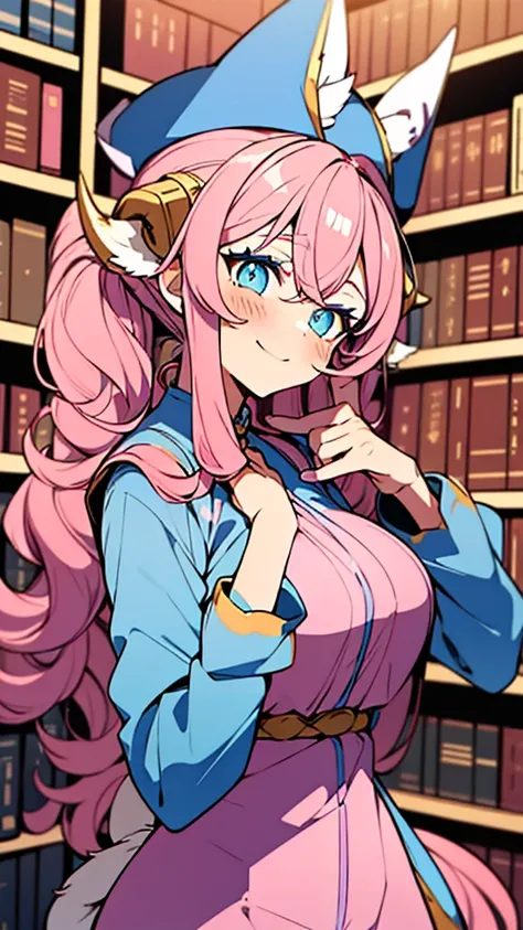 1goat girl, goat ears, golden horns, goat tail, curly pink hair, two ponytails, blue witch hat with pink details, perfect eyes, make-up, blue eyes, pink lipstick, proud face, blue jumpsuit with pink details, long pink gloves, long pink boots, book on the h...