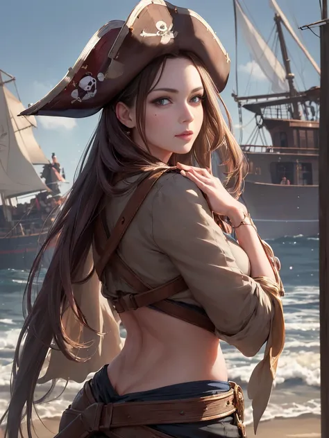 (masterpiece, 最high quality:1.4), (pirate ship), (From the back:1), (One girl), (alone), (head to waist photo) , Robin from One Piece, hyperRealistic, Skin with attention to detail, Digital SLR, Soft lighting, high quality, Highly detailed face, Highly det...