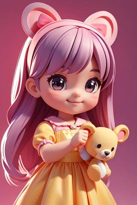 A cartoon little girl，Disney Princess Dress Up，energetic and cute，Holding a bear-shaped doll in his hand，Smile at the camera，3D Rendering，OC Rendering，C4D