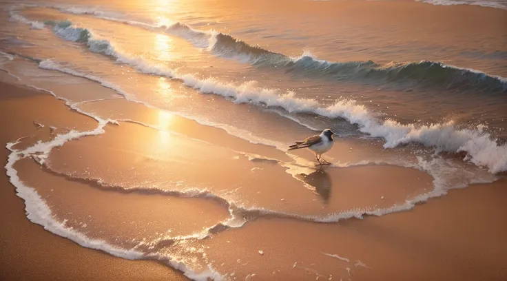 There is a bird walking on the beach near the water., Oceangull, go ashore, Inspired by Quint Buchholz, Wavy, Oceanshore, Hot Photos, Sand swirling, On the sand, Wavy reflections, Realistic art, Robin Erie, Award-winning oil painting, Ocean, Lonely, Wavy w...