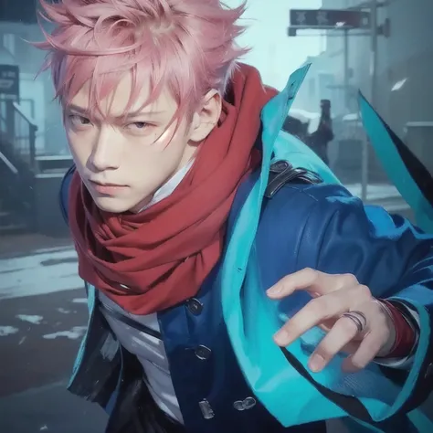 Handsome character with a red scarf and a blue ring, trigge artstyle, jujutsu kaisen realistic