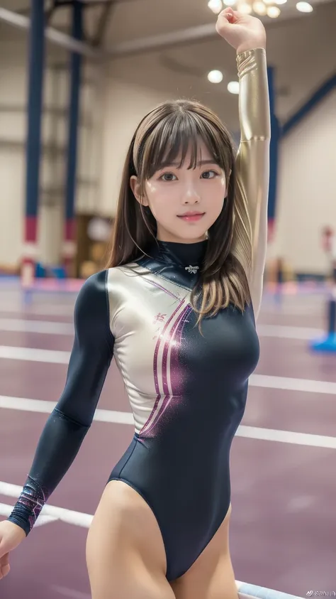 ((indoor, 新gymnastics venue, gymnastics venue:1.3)), ((highly detailed skin), beautiful realistic face, white skin, pointed ches...