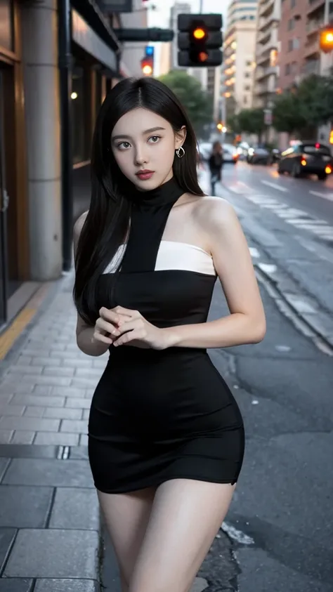 21-year-old girl, bodycon dress，city streets