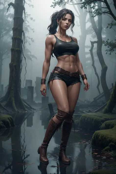 full body sexy beauty sensual archaeologist, long brown ponytail, piercing half-closed eyes, large breast, thin waist, broad shoulders, muscular arms, long shapely thighs, thin waist, long shaped thighs large breast, short leather shorts, filter sleeveless...