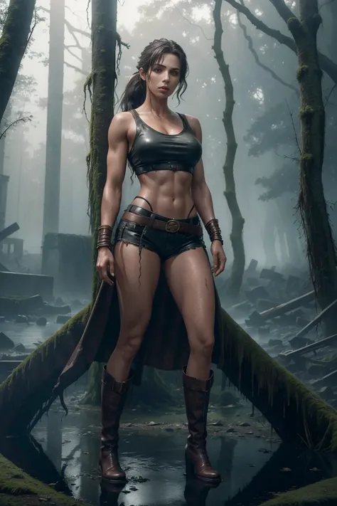 full body sexy beauty sensual archaeologist, long brown ponytail, piercing half-closed eyes, large breast, thin waist, broad shoulders, muscular arms, long shapely thighs, thin waist, long shaped thighs large breast, short leather shorts, filter sleeveless...