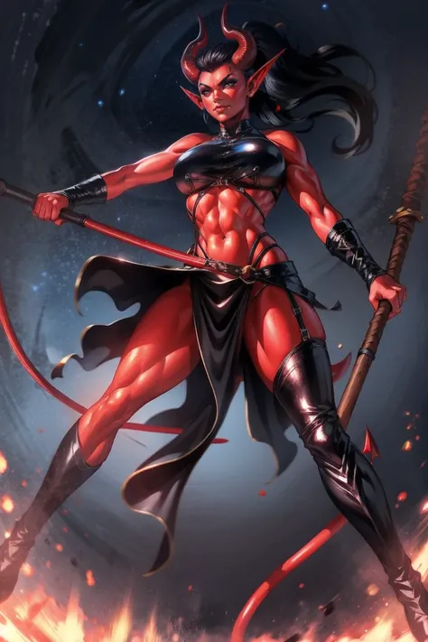 Red skin succubus tiefling, medium breasts, black horns, wings, huge tail, black leather, crop top, long flowing pelvic curtain, tall, toned, graceful, thin, long black ponytail. Action scene, whip. Dark scene, explosions, night sky.