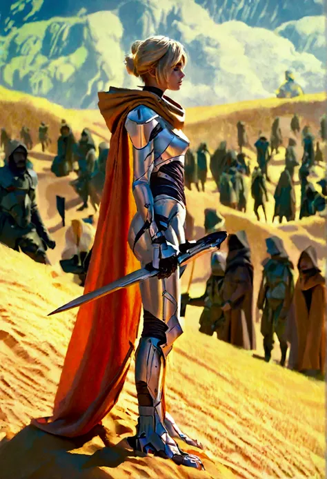 a beautiful woman with blonde hair wearing a sci-fi dune stillsuit, standing on top of a sand dune holding a dagger, 100s of tribal rebels watching her, cinematic lighting, hyper realistic, dramatic, intricate details, volumetric fog, warm color palette, e...