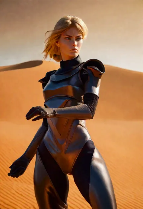 a beautiful woman with blonde hair wearing a sci-fi dune stillsuit, standing on top of a sand dune holding a dagger, 100s of tribal rebels watching her, cinematic lighting, hyper realistic, dramatic, intricate details, volumetric fog, warm color palette, e...