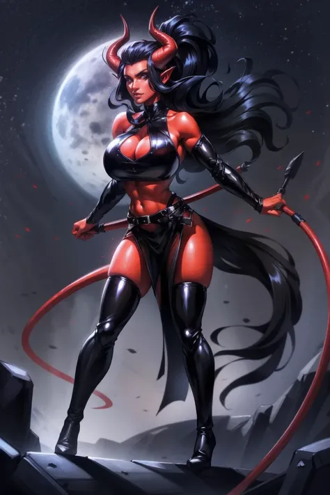 Busty Red skin succubus tiefling, large breasts, black horns, wings, huge tail, black leather, crop top, long flowing pelvic curtain, tall, athletic, graceful, thin, long black ponytail. Action scene, whip. Dark scene, explosions, night sky.