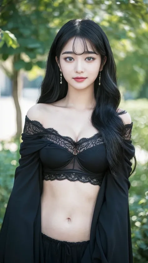 ((best quality, 8k, Masterpiece: 1.3)), 1 girl, Beautiful figure, slim stomach.: 1.3, (long black hairstyle,messy hair, big breasts: 1.4), Kawaii style , Blue off shoulder dress,bright eyes, happy smile, smile, There is a see-through cloak., Off-the-should...